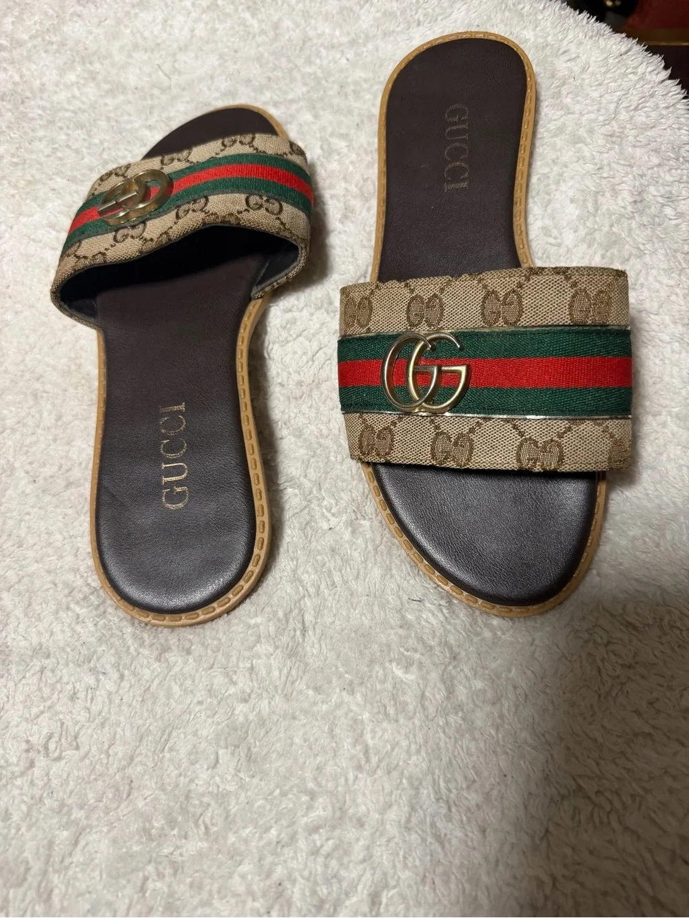 Gucci Beige GG Canvas Slippers with Red & Green Web and Gold Double G - Picture 1 of 6